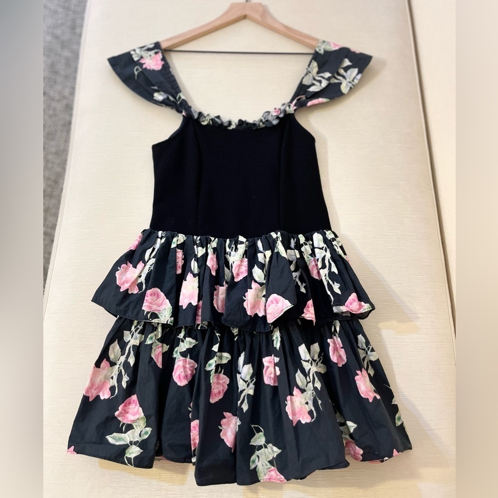 LoveShackFancy Black Pink Rose Floral Tiered Ruffle Dress Coquette Romantic